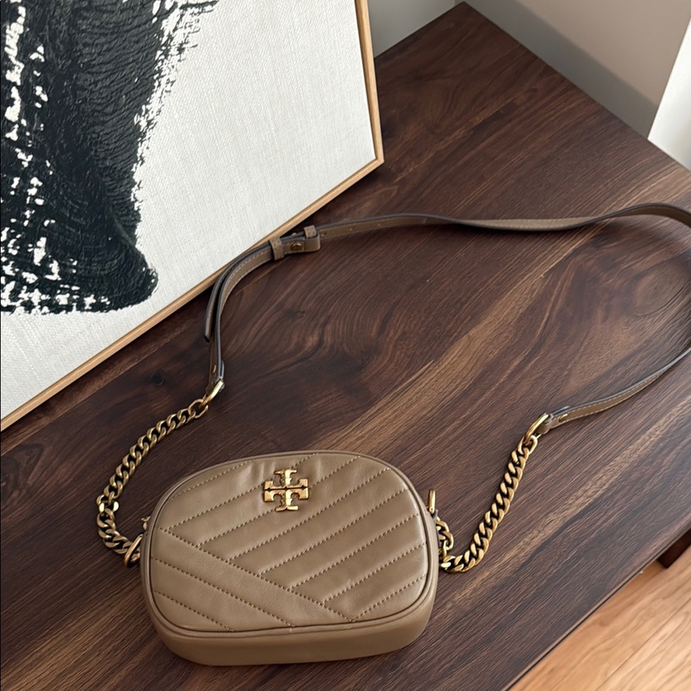 Tory Burch Tan Gold Crossbody Bag with Quilted Design